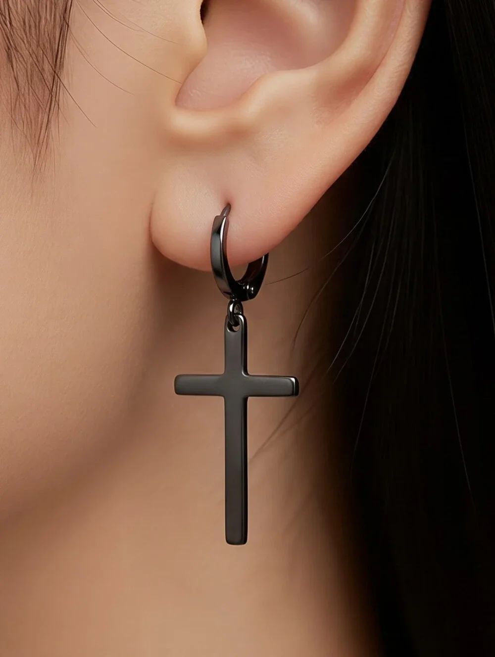 Black Cross Huggie Hoop Earrings Women Stainless Steel Dangle Christian Jewelry